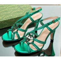 Low Cost Gucci Isa Leather Heel Sandals 9cm with Crystal Interlocking G Green 5070416