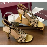 Luxurious Gucci Isa Leather Heel Sandals 9cm with Crystal Interlocking G Black/Gold 5070417