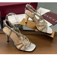 Unique Style Gucci Isa Leather Heel Sandals 9cm with Crystal Interlocking G Gold/Silver 5070418
