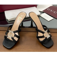 Good Quality Gucci Isa Leather Heel Slide Sandals 4.5cm with Crystal Interlocking G Black 5070421