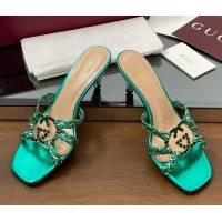 Classic Hot Gucci Isa Leather Heel Slide Sandals 4.5cm with Crystal Interlocking G Gold/Green 5070423