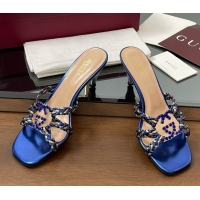 Popular Style Gucci Isa Leather Heel Slide Sandals 4.5cm with Crystal Interlocking G Gold/Blue 5070424