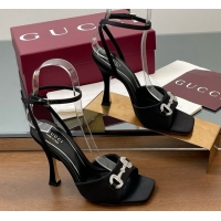 Good Quality Gucci Satin Sandal with Horsebit 10.5cm Heel 834344 Black