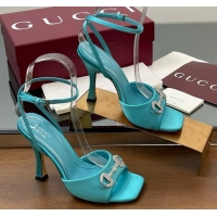 Top Design Gucci Satin Sandal with Horsebit 10.5cm Heel 834344 Blue