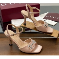 Top Grade Gucci Satin Sandal with Crystal Horsebit 8.5cm Heel 834342 Beige