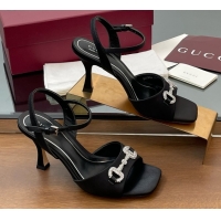 Best Product Gucci Satin Sandal with Crystal Horsebit 8.5cm Heel 834342 Black