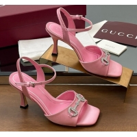 Shop Duplicate Gucci Satin Sandal with Crystal Horsebit 8.5cm Heel 834342 Pink