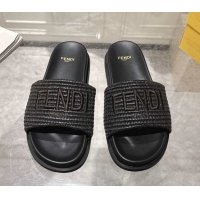 Luxurious Fendi Flat Slides Sandal in Woven Straw-Like Black 0605064