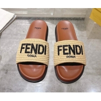 Buy Luxury Fendi Flat Slides Sandal in Woven Straw-Like Beige/Brown 0605066