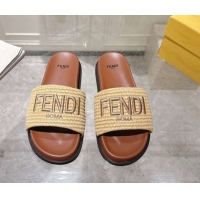 Good Product Fendi Flat Slides Sandal in Woven Straw-Like Beige 0605068