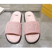 Shop Duplicate Fendi Flat Slides Sandal in Woven Straw-Like Light Pink 0605070