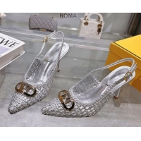 Charming Fendi Slingback Pumps 8cm in Woven Nappa Leather Silver 0605071