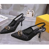 Good Quality Fendi Slingback Pumps 8cm in Woven Nappa Leather Black 0605073