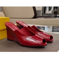 Best Price Fendi Arco Wedge Slides Sandal 8.5cm in Shiny Hagfish Embossed Leather Red 0710059