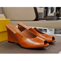Durable Fendi Arco Wedge Slides Sandal 8.5cm in Shiny Hagfish Embossed Leather Orange 0710060