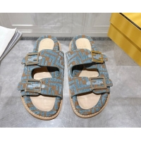 Top Design Fendi Feel Flat Slides Sandal in FF Fabric Light Blue/Brown 0710063
