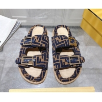 Cheap Price Fendi Feel Flat Slides Sandal in FF Fabric Navy Blue/Brown 0710064