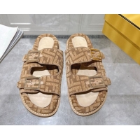 Purchase Fendi Feel Flat Slides Sandal in FF Fabric Beige/Brown 0710066