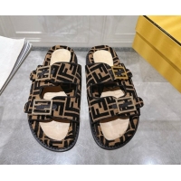 Shop Duplicate Fendi Feel Flat Slides Sandal in FF Fabric Black/Brown 0710067