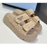 Good Quality Prada Crochet platform slides sandal 4.5cm Beige 50530005