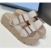 Best Price Prada Suede Platform strap slides sandal 4.5cm with buckle Light Beige 1XX692 0530016