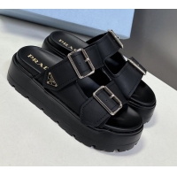 Top Design Prada Matte Leather Platform strap slides sandal 4.5cm with buckle Black 0530017