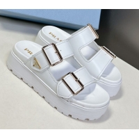 Cheap Price Prada Leather Platform strap slides sandal 4.5cm with buckle White 1XX692 0530018