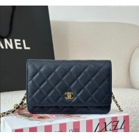 Famous Brand Chanel Grained Calfskin Classic Wallet on Chain WOC AP4241 Navy Blue/Gold 2025