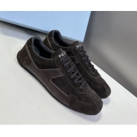 Grade Quality Prada Antiqued Leather and Suede Sneakers Dark Brown 2025 PR060301