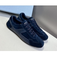 Top Grade Prada Antiqued Leather and Suede Sneakers Dark Blue 2025 PR060301
