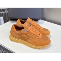 Shop Duplicate Prada Prax 2.0 Re-Nylon and suede sneakers Pomegranate Yellow 2025 1E921N