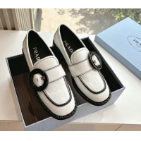 Cheap Price Prada Brushed leather loafers with Round Buckle White 2025 1D979N