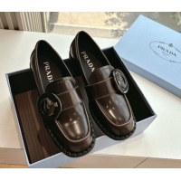 Low Price Prada Brushed leather loafers with Round Buckle Dark Brown 2025 1D979N