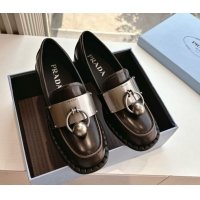 Luxury Discount Prada Brushed leather loafers with metal details Dark Brown 2025 1D981N
