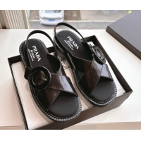Luxury Cheap Prada Brushed leather sandals with buckle Sienna Brown 2025 1X962N