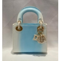 Grade Discount Dior Mini Lady Dior Bag in Lizard Skin and Goatskin Leather D7053 Blue 2025 (Full Handmade)