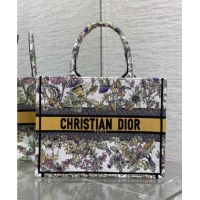 Buy Discount Dior Medium Book Tote Bag in Latte White Embroidery with Yellow Multicolor Dior Chardons Motif D7066 2025
