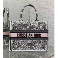 Pretty Style Dior Medium Book Tote Bag in Latte White Embroidery with Pink Multicolor D-Floral Embroidery D7066 2025