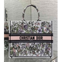 Super Quality Dior Large Book Tote Bag in Latte White Embroidery with Pink Multicolor D-Floral Embroidery D7065 2025