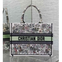 Pretty Style Dior Medium Book Tote Bag in Latte White Embroidery with Green Multicolor D-Floral Embroidery D7066 2025