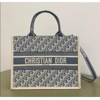 Best Grade Dior Medium Book Tote Bag in Blue Dior Oblique Chambray Embroidery and Latte White Calfskin D7076 2025
