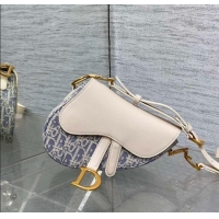 Buy Cheap Dior Mini Saddle Bag with Strap in Blue Dior Oblique Chambray with Raffia Effect and White Calfskin D7077 2025