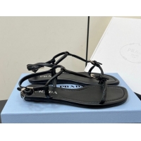 Best Product Prada Leather flat sandals with buckle Black 2025 1Y503N