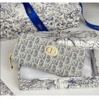Super Quality Dior 30 Montaigne Voyageur Slim Wallet in Blue Dior Oblique Chambray with Raffia Effect and White Smooth C