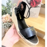 Popular Style Prada Leather Wedge Espadrille Sandals 8cm Black 2025 PR060306