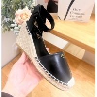 Best Price Prada Leather Wedge Espadrille Pumps 8cm Black 2025 PR060306