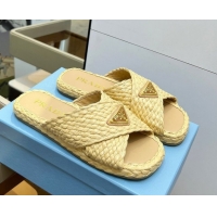 Trendy Design Prada Raffia straw crisscross flat slides sandal Beige Yellow 2025 1XX750