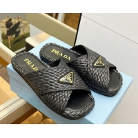 Cheap Price Prada Raffia straw crisscross flat slides sandal Black 2025 1XX750