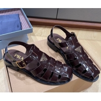 Shop Cheap Prada Brushed Leather Strap Sandals Dark Brown 2025 PR060309