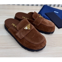Cheap Price Prada Suede Flat Mules Dark Brown 2025 043002